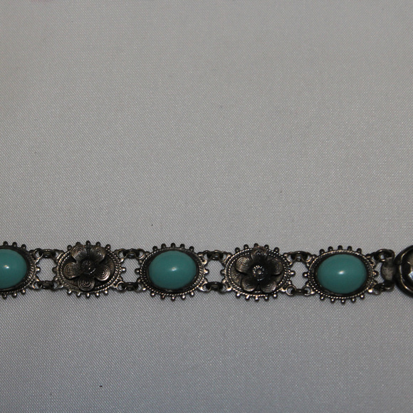 Vtg Flower Bracelet Turquoise Glass Silver Tone - Picture 3 of 8